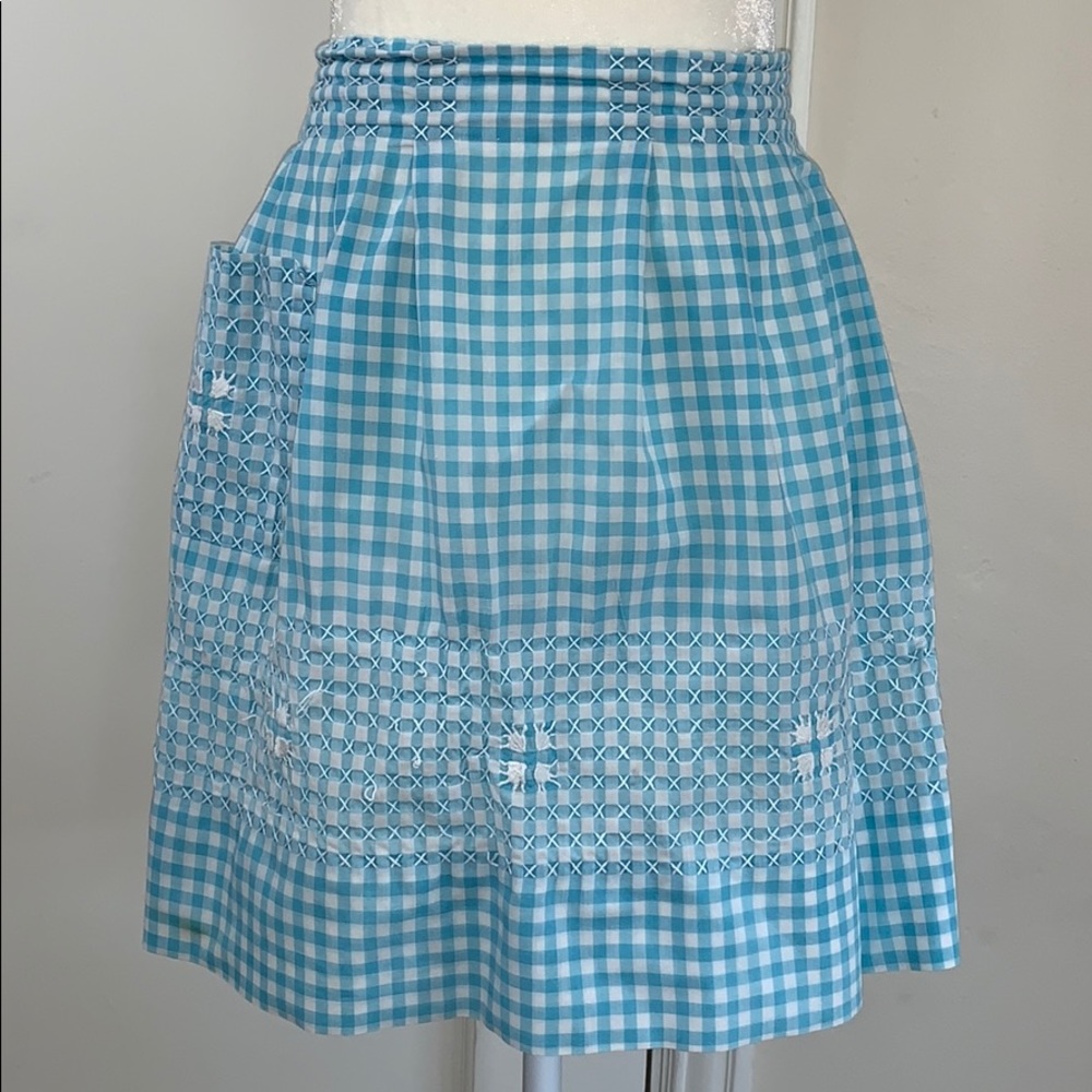 Vintage embroidered blue checkered half apron